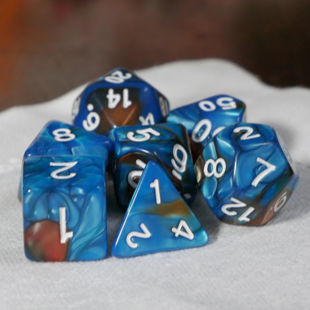 Complete Dice Set – 7x Blue Gold Acrylic Dice - Sydney Board and Card Games