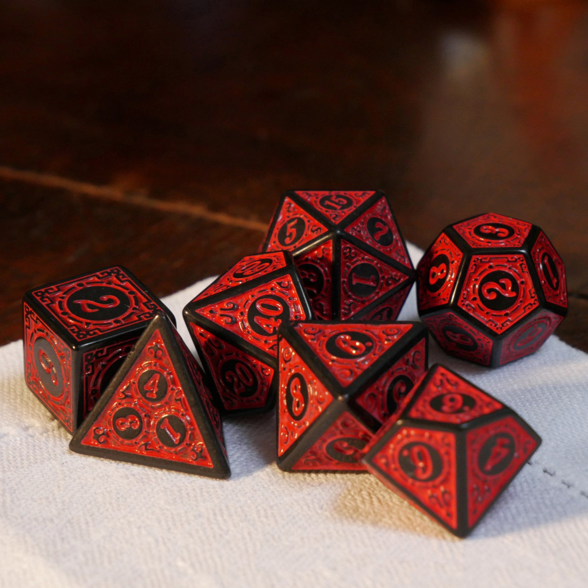 Complete Dice Set – 7x Fancy Red Acrylic Dice - Sydney Board and Card Games